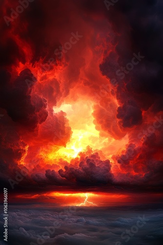 Dramatic red and yellow clouds with lightning strike at sunset.