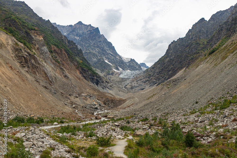 Chalaadi Glacier, Mestia, Svaneti, Georgia, beautiful glacier in the Caucasus mountains on a cloudy day