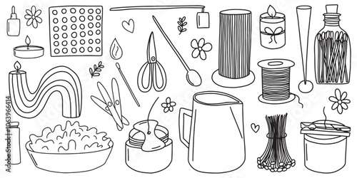 Making candles doodle set. Molds, candle snuffer, jar candle, bowl of soy wax, multi wick, aroma oil, scissors and matches vector set