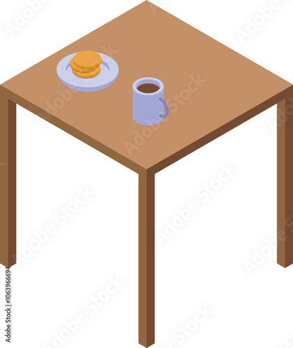 Isometric view of a square table with coffee and cookies, perfect for breakfast or snack time