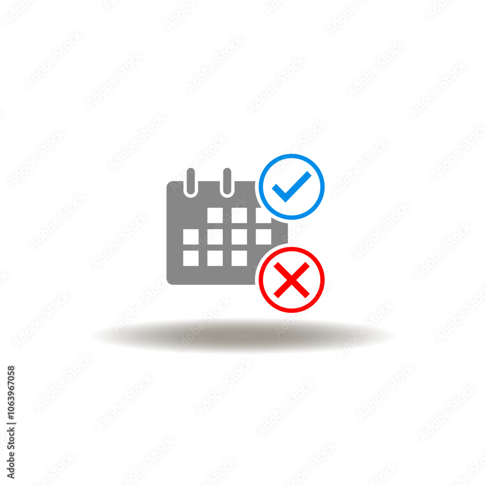 Vector illustration of calendar with cross and check marks. Symbol of attendance. Icon of absence. Vector illustration of calendar with cross and check marks. Symbol of attendance. Icon of absence.