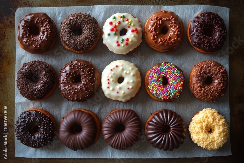 Assorted donuts with chocolate and white frosting on a baking sheet in a cozy kitchen