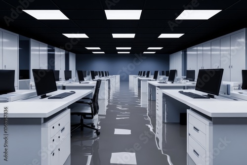 Flooded office space with desks and computers.