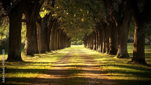 A tranquil scene showcasing a tree-lined pathway, which stretches into the distance. Tall trees with lush green leaves create a natural canopy overhead, casting gentle shadows on the ground. The pathw photo