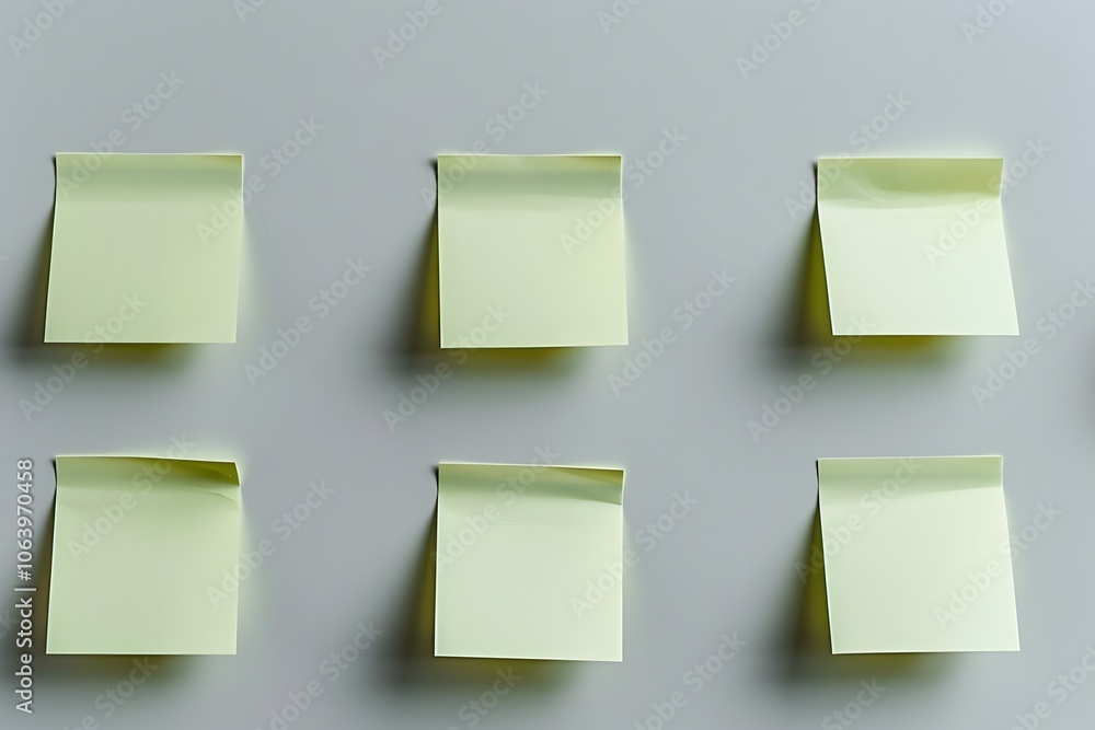 Six yellow sticky notes arranged in two rows, minimalist design, organized layout on a light background, empty notes for reminders, productivity and planning concept, office supplies. Six yellow sticky notes arranged in two rows, minimalist design, organized layout on a light background, empty notes for reminders, productivity and planning concept, office supplies.