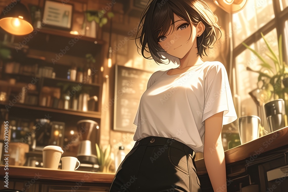 A young woman poses in a cozy café, surrounded by warm lighting and coffee equipment. A young woman poses in a cozy café, surrounded by warm lighting and coffee equipment.