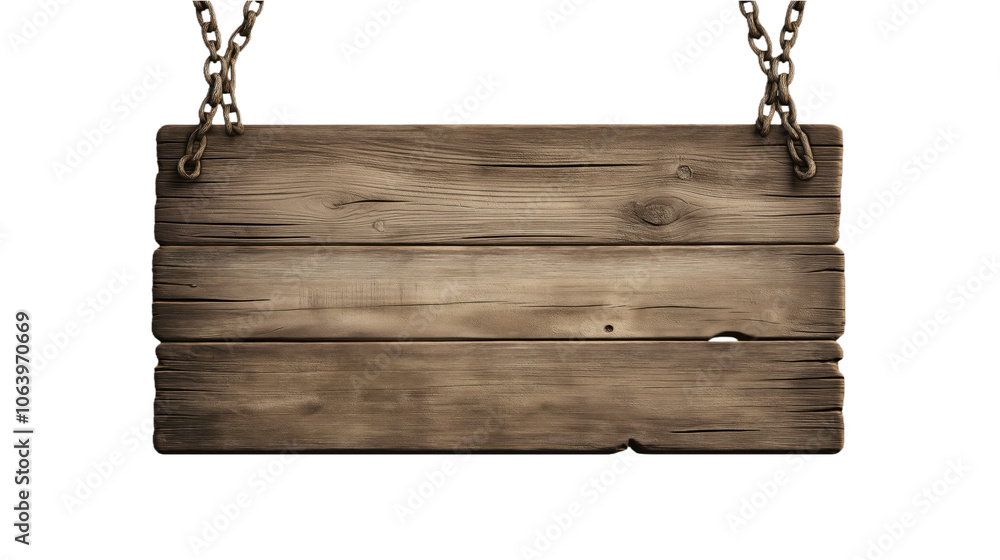Wooden sign with textured finish hangs from chain. White text stands out on wooden background. Rectangular shape with gray background. Chain hangs from top right corner. Old, weathered, rustic wooden Wooden sign with textured finish hangs from chain. White text stands out on wooden background. Rectangular shape with gray background. Chain hangs from top right corner. Old, weathered, rustic wooden