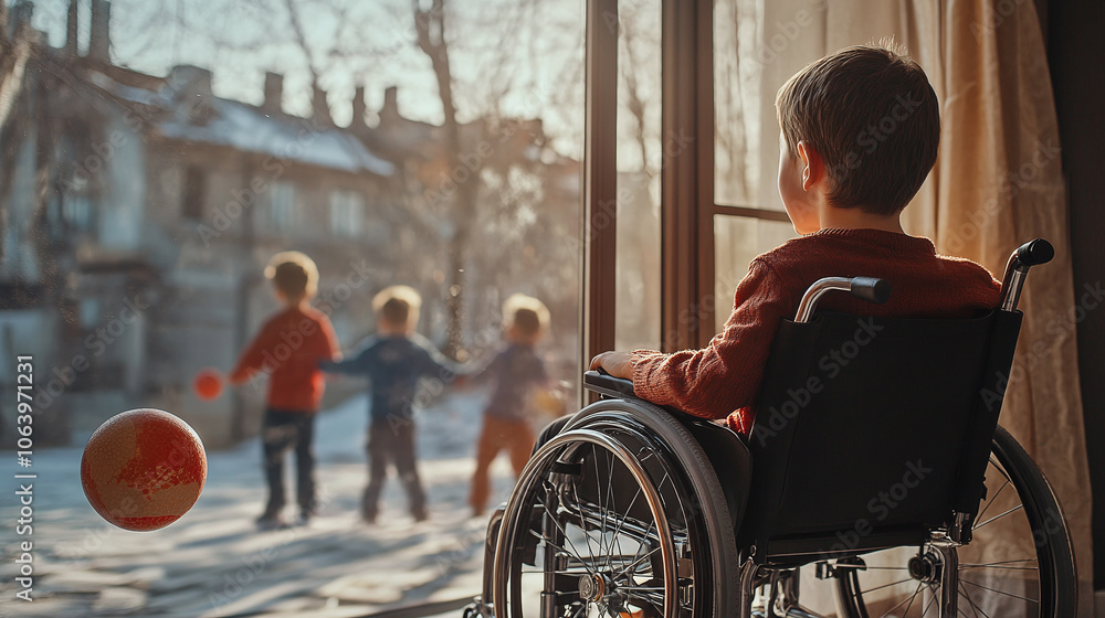 Obraz premium Young boy in a wheelchair watching other kids play outside through a window, capturing a moment of longing and reflection in winter.
