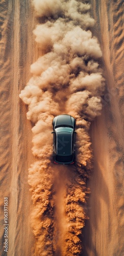 Black car driving through the desert leaving a dust trail