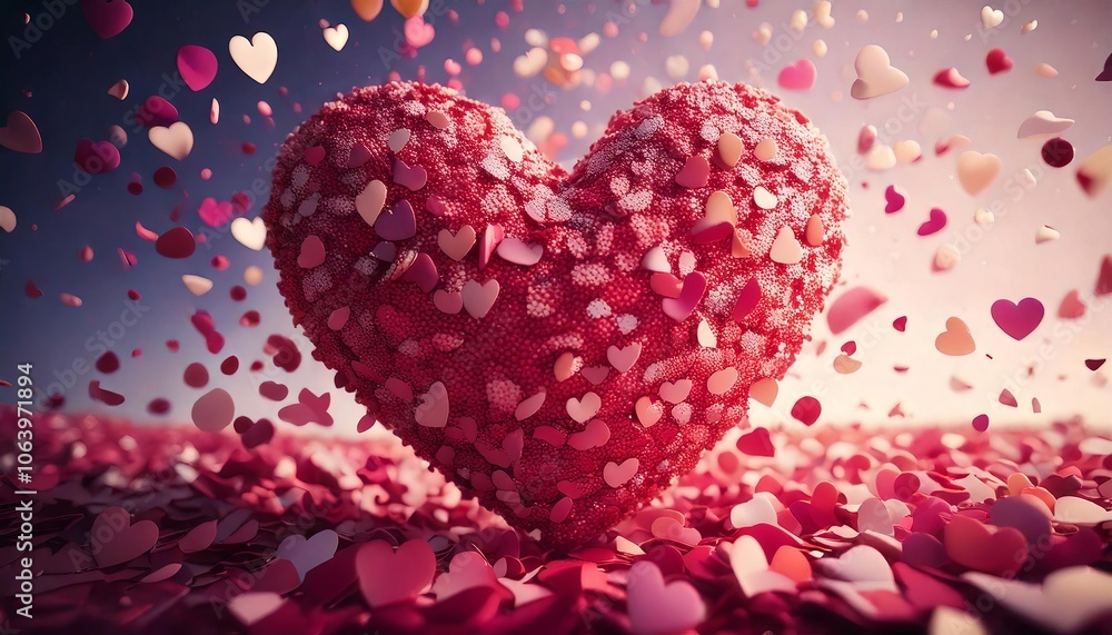 vibrant heart made of small hearts, surrounded by colorful confetti, symbolizing love and joy. Sale promotion advertising for happy newyear, valentine vibrant heart made of small hearts, surrounded by colorful confetti, symbolizing love and joy. Sale promotion advertising for happy newyear, valentine