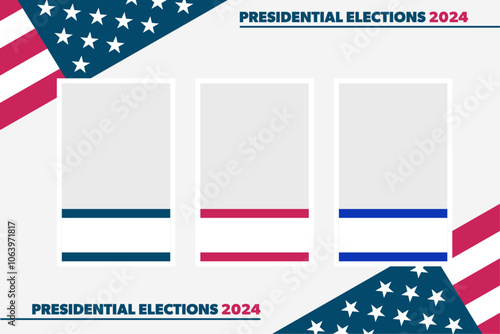 Presidential election voting results. Infographic with three candidates, space for text, colors and flags. Vector illustration.