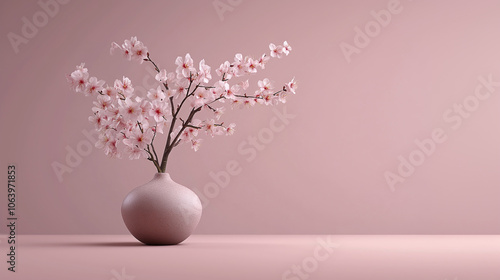 Beautiful branch with white blossoms in a Japanese-inspired minimalist arrangement, enhancing tranquility in interior decor.