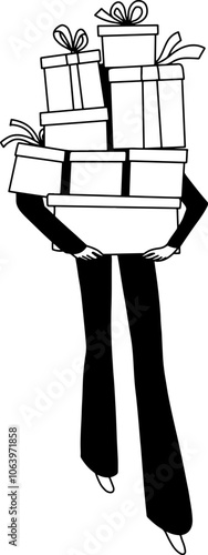 black and white outline, person carrying boxes with holiday gifts, birthday, Black Friday. Vector illustration