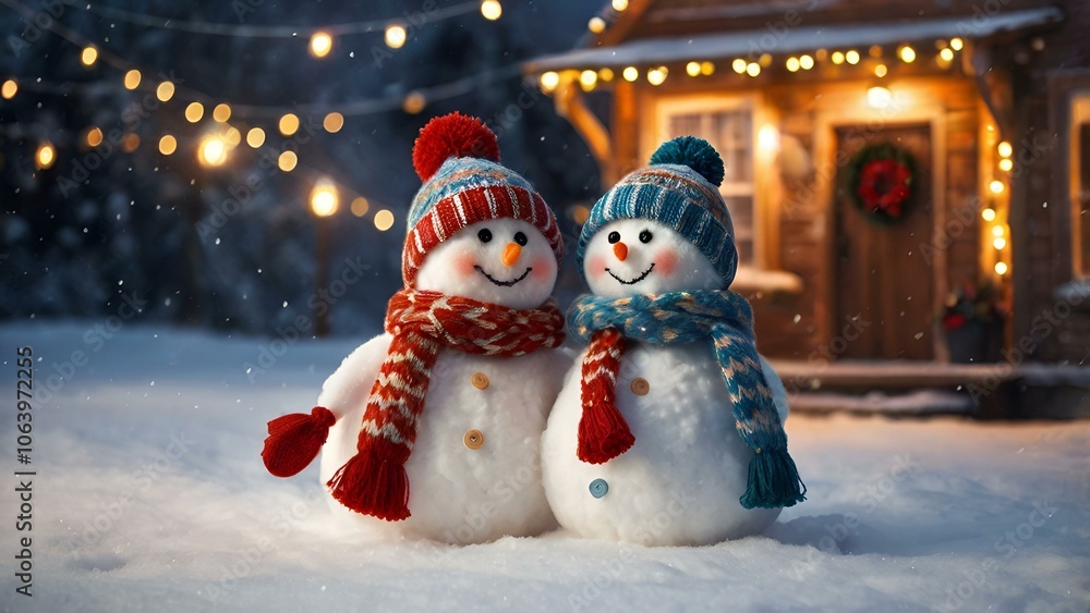 Winter. Happy New Year and Merry Christmas. Funny snowmen on a blurred background made of a beautiful side of colored lights. New Year's festive atmosphere. Winter. Happy New Year and Merry Christmas. Funny snowmen on a blurred background made of a beautiful side of colored lights. New Year's festive atmosphere.