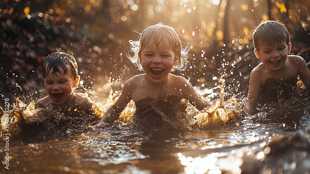 Two happy children playing in muddy water outdoors, expressing pure joy, energy, and childhood fun in a natural setting. Two happy children playing in muddy water outdoors, expressing pure joy, energy, and childhood fun in a natural setting.