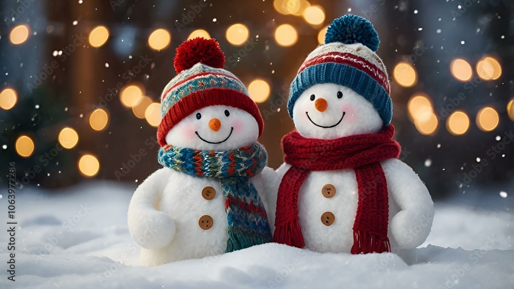 Fototapeta premium Winter. Happy New Year and Merry Christmas. Funny snowmen on a blurred background made of a beautiful side of colored lights. New Year's festive atmosphere.