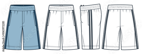 Sport Shorts technical fashion illustration. Short Pants fashion flat technical drawing template, inside drawstring, striped, front, side and back view, white, blue, women, men, unisex CAD mockup set