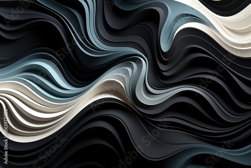 Abstract design featuring flowing waves of layered colors in black, gray, and cream.