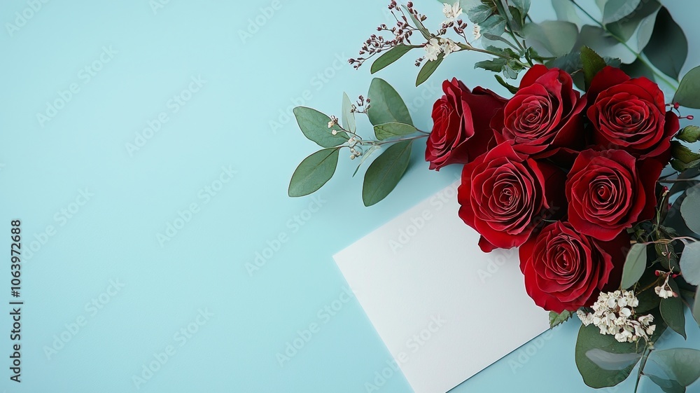 Elegant Red Roses on Blue Background with Blank Card Elegant Red Roses on Blue Background with Blank Card