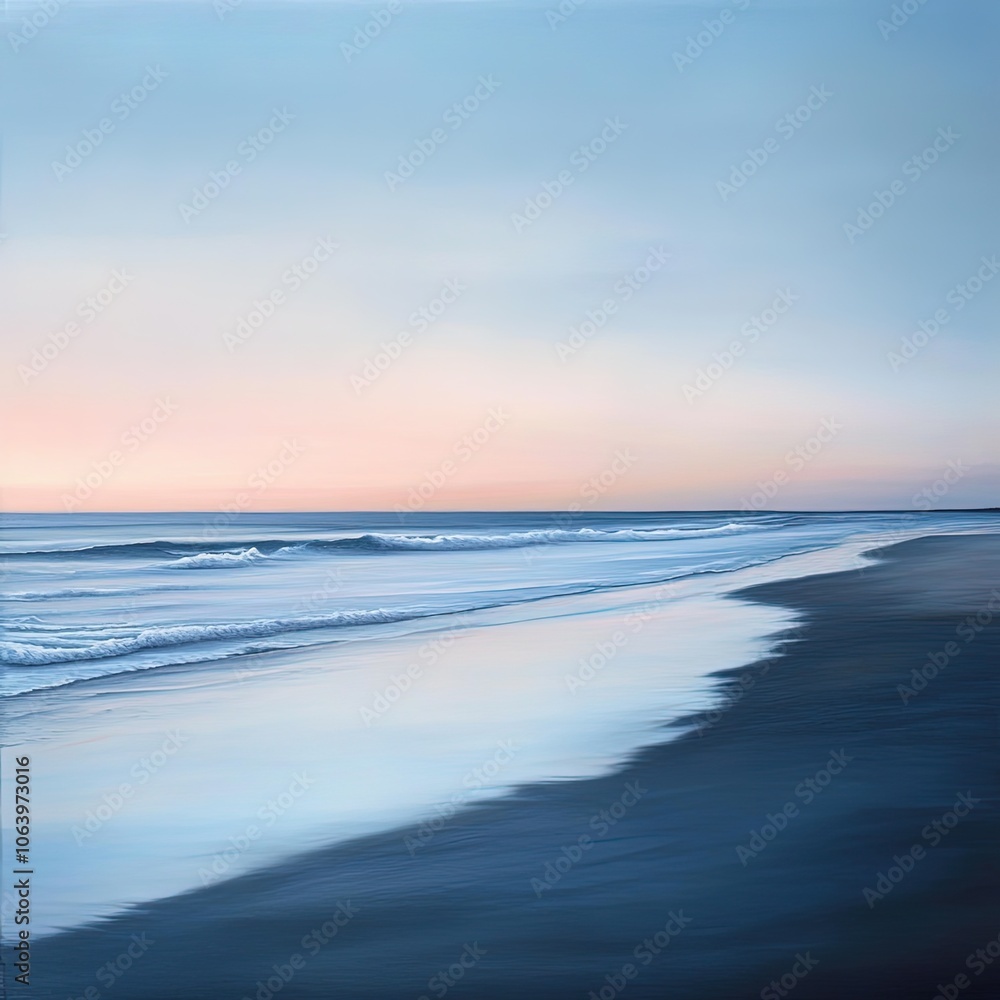 Fototapeta premium Serene beach landscape at dawn, featuring gentle waves and a pastel sky reflecting on wet sand.