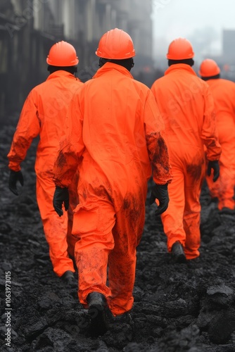 Industrial workers in orange jumpsuits walk on black, dusty terrain.