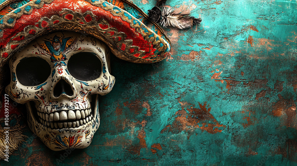 Fototapeta premium mexican sugar skull with sombrero and feather on teal background