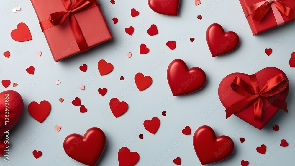 Valentine's day and wedding love background with red gift boxes and hearts Valentine's day and wedding love background with red gift boxes and hearts