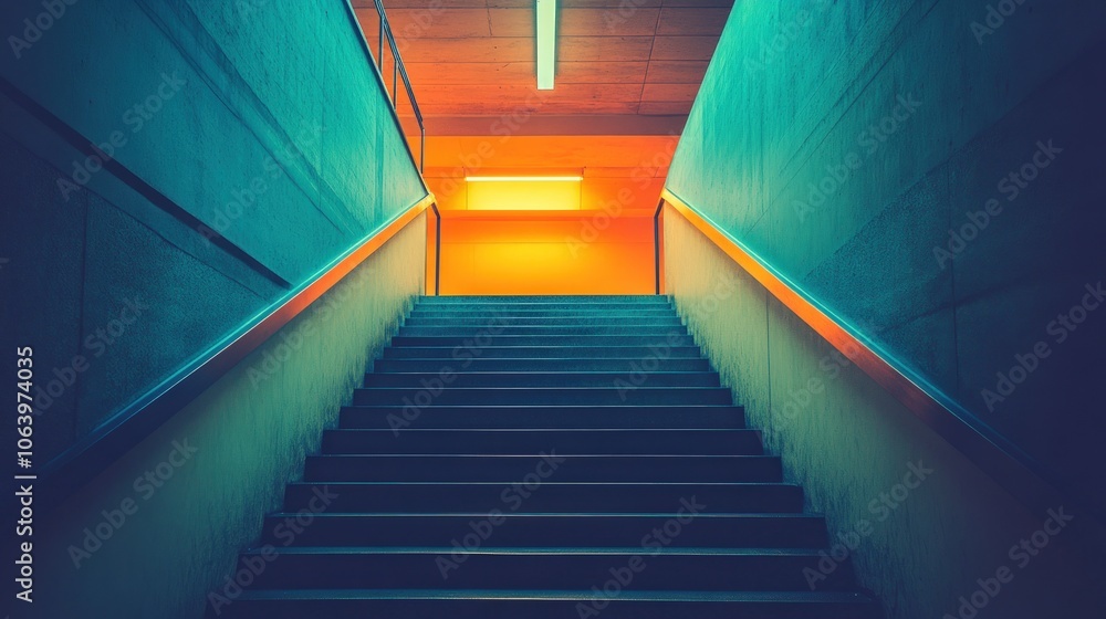 Fototapeta premium A brightly lit staircase leads upwards, with blue and orange walls creating a contrasting and modern feel.