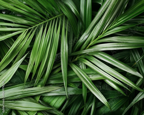 Lush green palm leaves close up background.