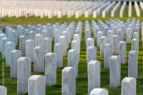 American national military cemetery with rows of white tomb stones on green grass lawn. Memorial Day concept photo