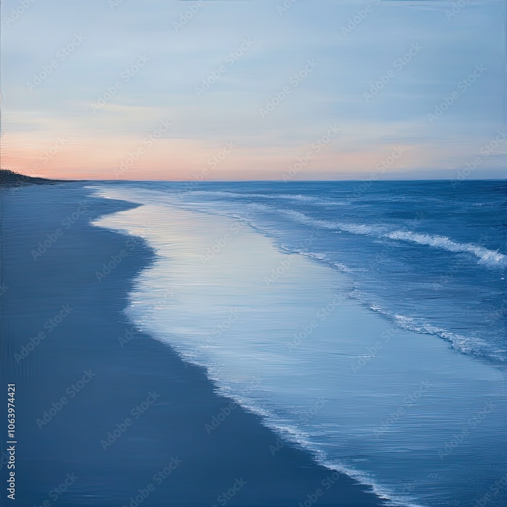 Tranquil beach scene at dusk with soft waves and a colorful sky reflecting on the water. Tranquil beach scene at dusk with soft waves and a colorful sky reflecting on the water.