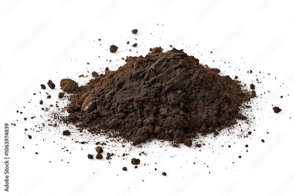 Close-up view of dark brown soil pile on white background. Small particles indicate natural organic material. Rich soil texture on clean white background. Close-up view of dark brown soil pile on white background. Small particles indicate natural organic material. Rich soil texture on clean white background.