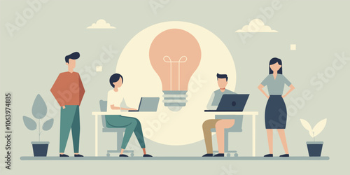 Flat design illustration depicts a contemporary workspace where a diverse group of professionals collaborate efficiently