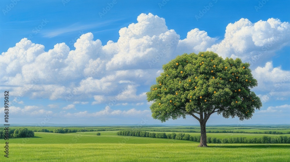Beneath the sunny sky, an orange tree thrives in a vibrant orchard surrounded by lush grass and fluffy clouds Beneath the sunny sky, an orange tree thrives in a vibrant orchard surrounded by lush grass and fluffy clouds