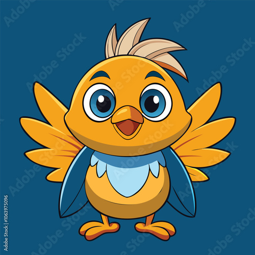 Cute Cartoon Bird with Orange Feathers and Blue Wings