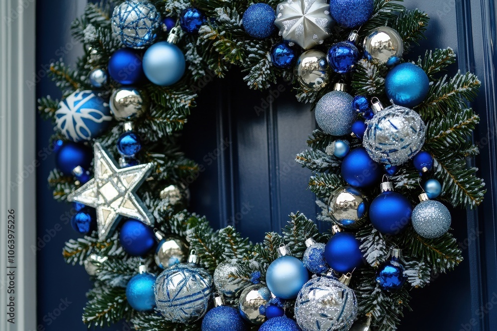 Hanukkah Themed Door Wreath: A close-up of a door wreath decorated with blue and silver ornaments, dreidels, and Stars of David, symbolizing a warm welcome for Hanukkah guests. Hanukkah Themed Door Wreath: A close-up of a door wreath decorated with blue and silver ornaments, dreidels, and Stars of David, symbolizing a warm welcome for Hanukkah guests.