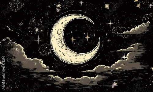 Crescent Moon With Stars And Clouds Illustration Celestial Night Sky Art Digital Download photo