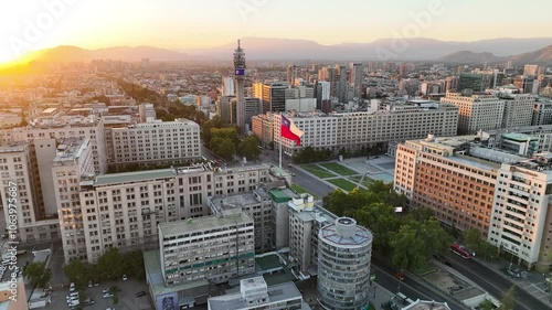 Sunset Aerial View of Santiago with Chilean Flag