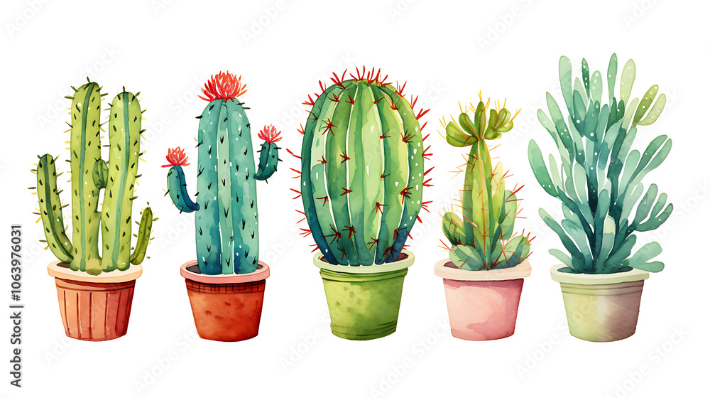 A vibrant collection of colorful cacti and succulents in terracotta pots arranged artistically A vibrant collection of colorful cacti and succulents in terracotta pots arranged artistically