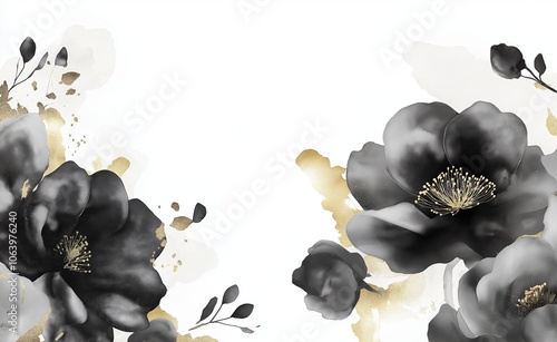 Black and white floral painting with gold accents. The flowers are arranged in a way that creates a sense of movement and depth. The gold accents add a touch of elegance and warmth to the piece