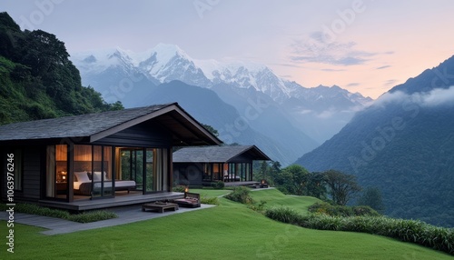 Modern cabins nestled on a hillside with a mountain view.