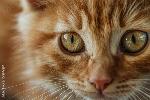 of a ginger kitten's adorable face, highlighting its fluffy fur and curious, endearing expression.