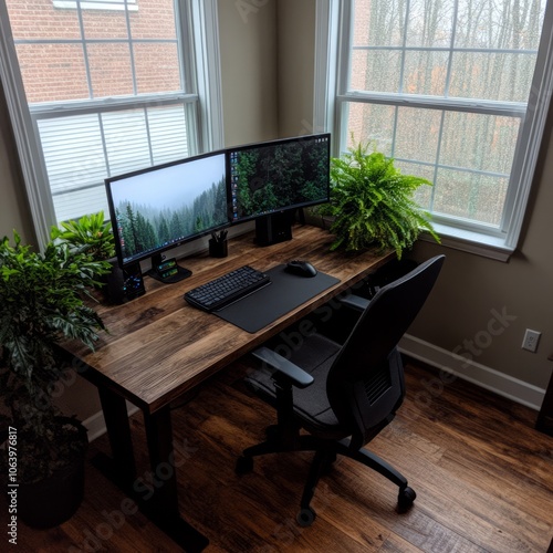 Modern home office with two monitors, a desk, and a chair.