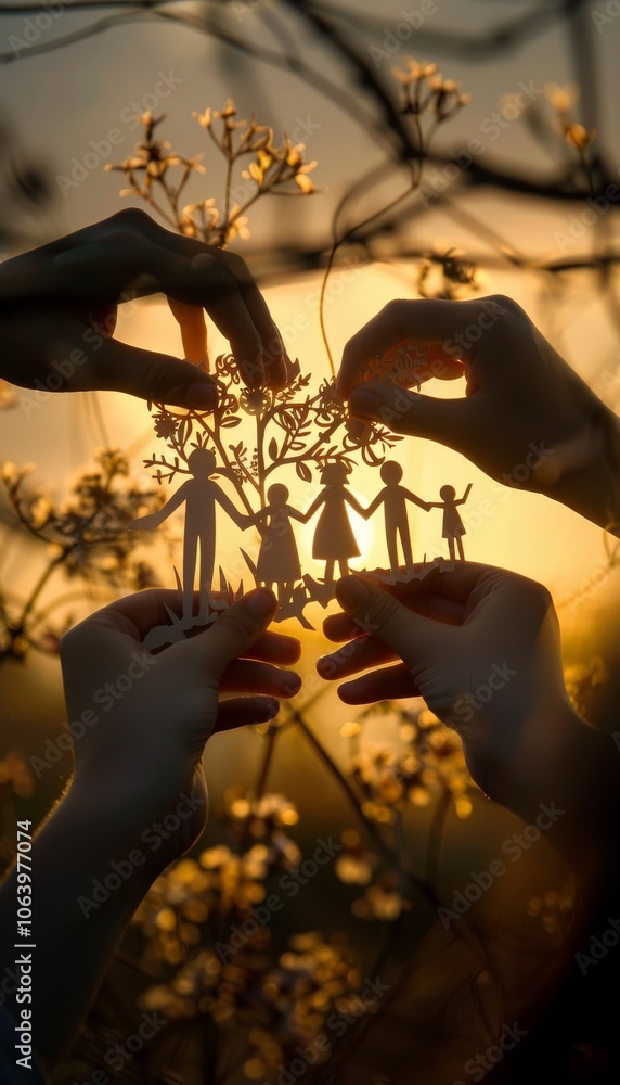 Obraz premium of hands delicately holding up intricate paper cutouts of a family, illuminated by the warm hues