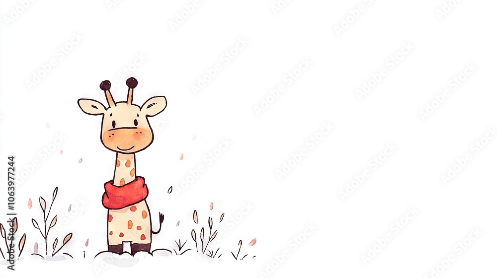 A giraffe wearing a red scarf in the snow field A giraffe wearing a red scarf in the snow field