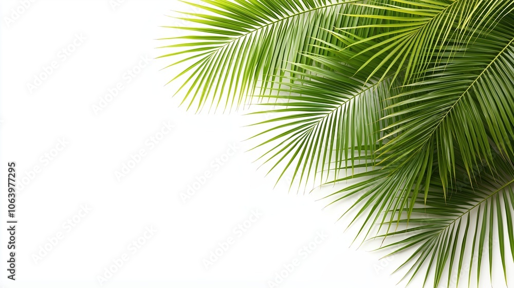 Fototapeta premium Leafy green palm tree with a white background. Concept of calm and relaxation, as the palm tree's leaves are spread out and appear to be swaying gently in the breeze
