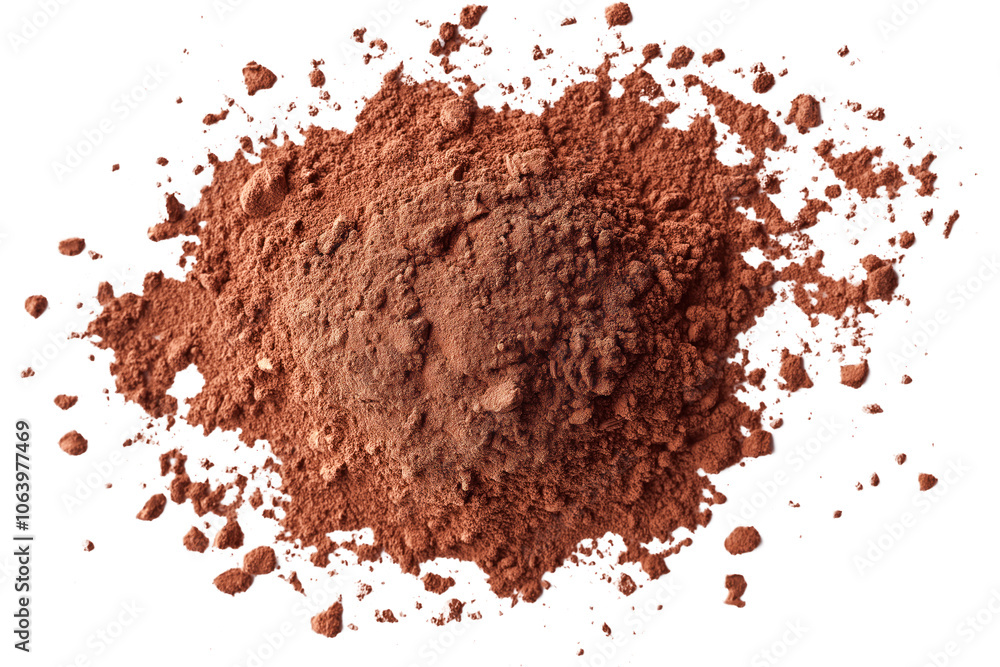 Close-up of brown cocoa powder with speckled texture on isolated transparent background. Small, round, brown powder with small particles. Powder is isolated on white, creating high contrast. Cut out. Close-up of brown cocoa powder with speckled texture on isolated transparent background. Small, round, brown powder with small particles. Powder is isolated on white, creating high contrast. Cut out.
