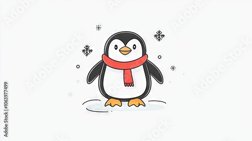  A penguin adorned in a red scarf, along with a black-and-white counterpart decorated with snowflakes on its head