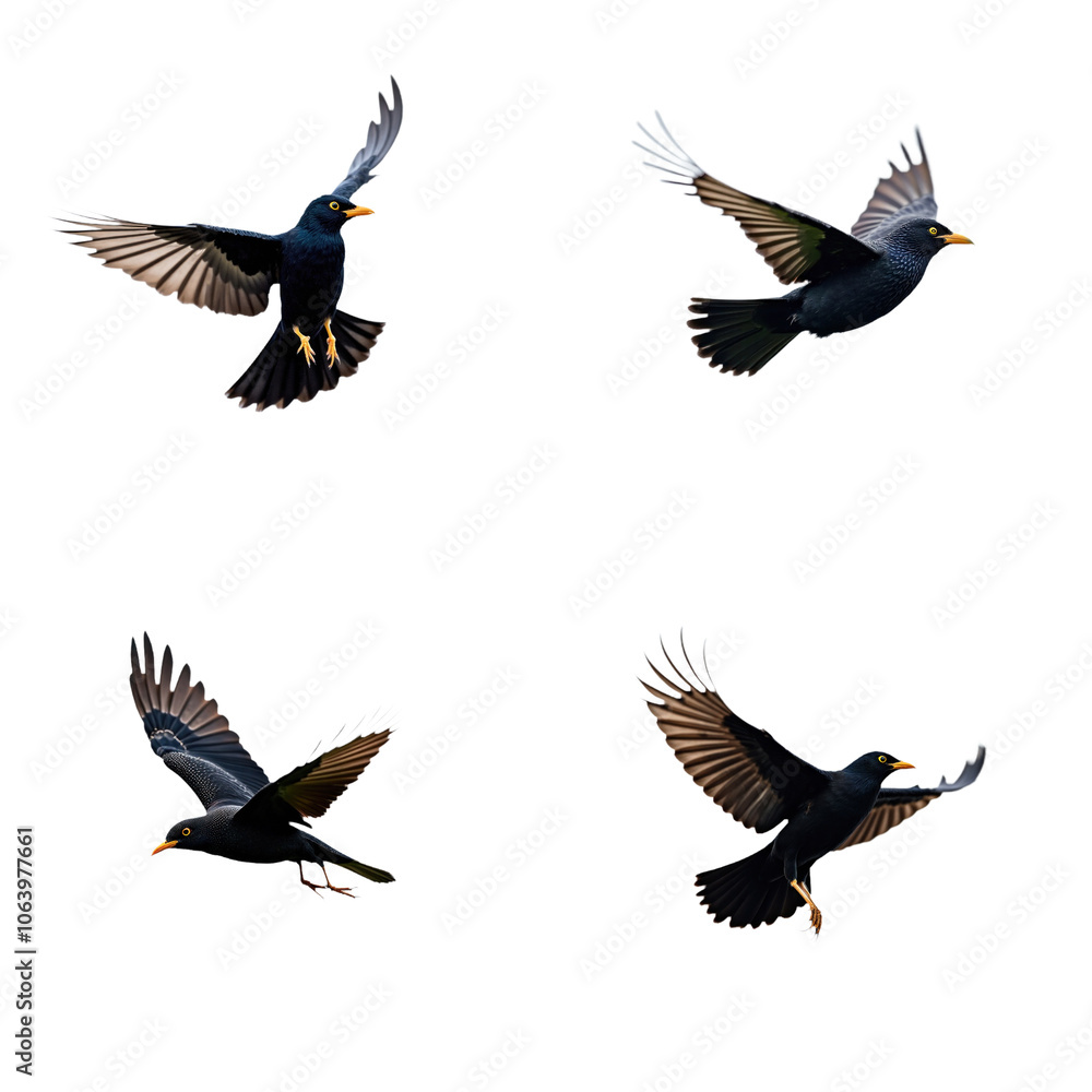 Obraz premium European Starling in flight on isolated transparent background. Close-up shots of bird in mid-air with spread wings and pointed tail. Bird feathers, beak, and eyes visible in high-quality images. Png.