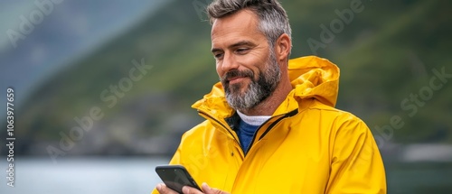  A man, clad in a yellow jacket, gazes at his phone photo